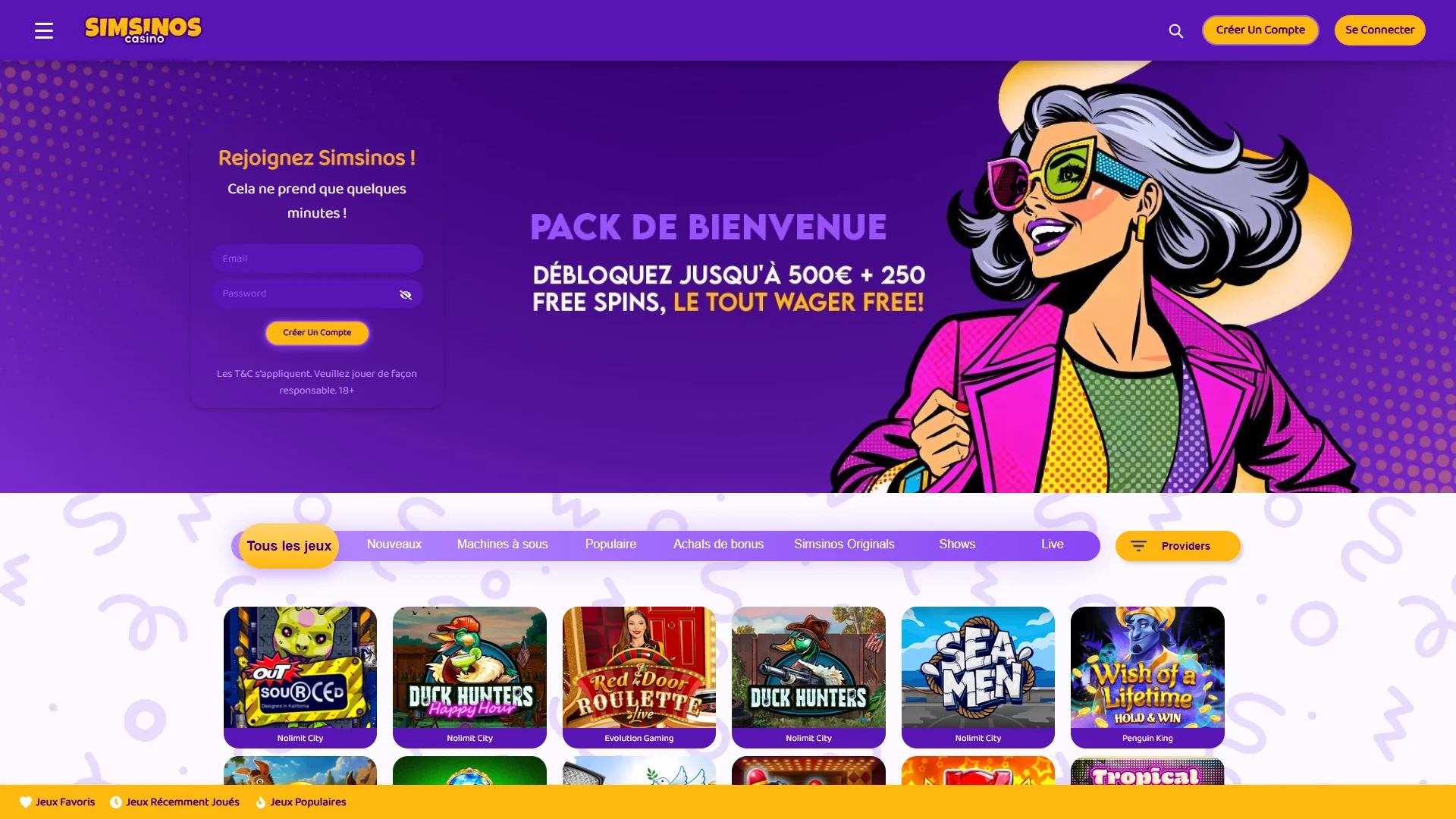Interface principale de Simsinos Casino